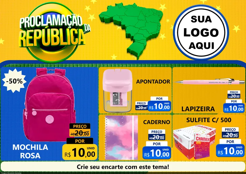 Modelo de Encarte para Encarte A4 Horizontal com o tema Proclamação da República para Papelaria