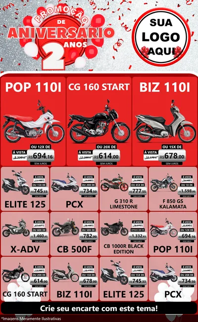 Modelo de Encarte para Encarte Grande com o tema Promoção de Aniversário - 2 Anos para Concessionaria de Motos