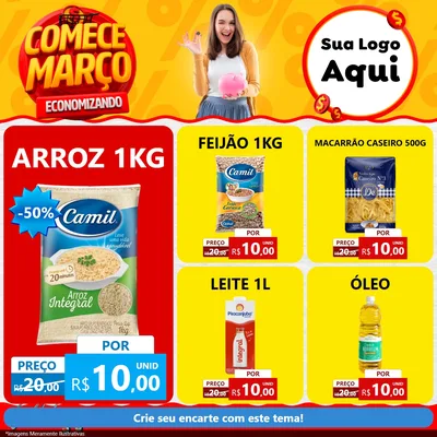 Modelo de Rede Social para Feed Facebook com o tema Comece Março Economizando para Supermercado