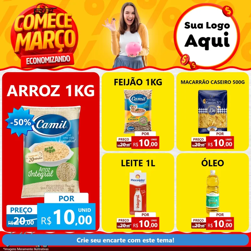 Modelo de Rede Social para Feed Facebook com o tema Comece Março Economizando para Supermercado