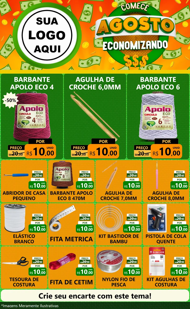Modelo de Encarte para Encarte Grande com o tema Comece Agosto Economizando para Armarinho e Aviamentos
