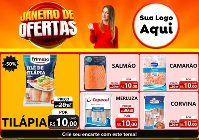 Modelo de Encarte para Encarte A4 Horizontal com o tema Janeiro de Ofertas para Peixaria