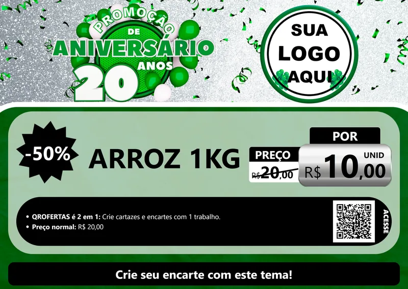 Modelo de Cartaz para Cartaz A4 Horizontal com o tema Promoção de Aniversário - 20 Anos para Supermercado