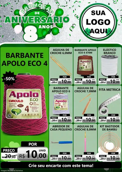 Modelo de Encarte para Encarte A4 Vertical com o tema Promoção de Aniversário - 8 Anos para Armarinho e Aviamentos