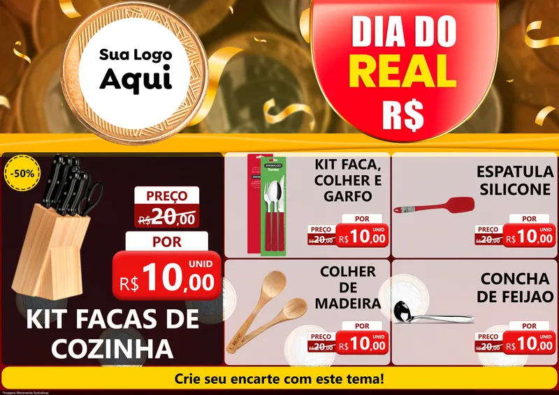 Modelo de Encarte para Encarte A4 Horizontal com o tema Dia do Real para Utilidades Domésticas