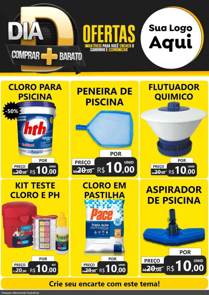 Modelo de Encarte para Encarte A4 Vertical com o tema Dia D Mais Economia para Produtos para Piscina