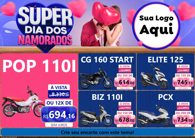 Modelo de Encarte para Encarte A4 Horizontal com o tema Super Dia dos Namorados para Concessionaria de Motos