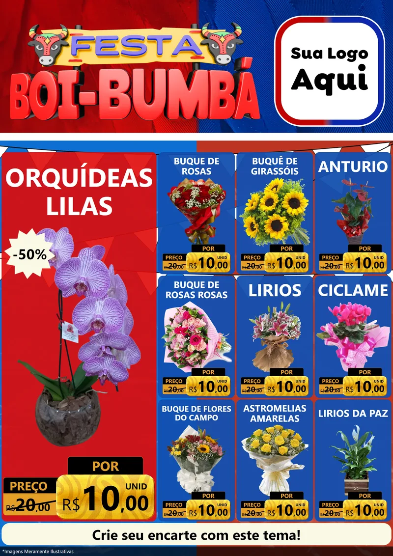 Modelo de Encarte para Encarte A4 Vertical com o tema Festa Boi Bumbá para Floricultura e jardim