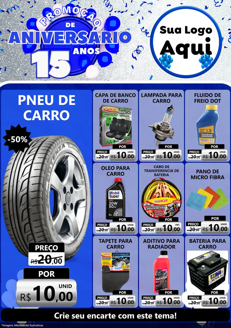 Modelo de Encarte para Encarte A4 Vertical com o tema Promoção de Aniversário - 15 Anos para Auto peças