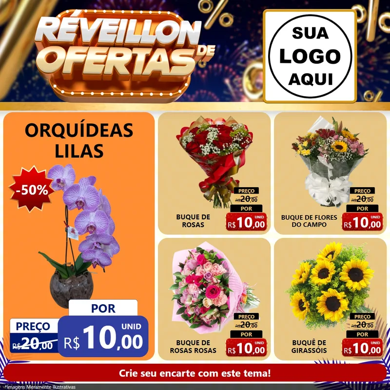 Modelo de Rede Social para Feed Facebook com o tema Réveillon de Ofertas para Floricultura e jardim