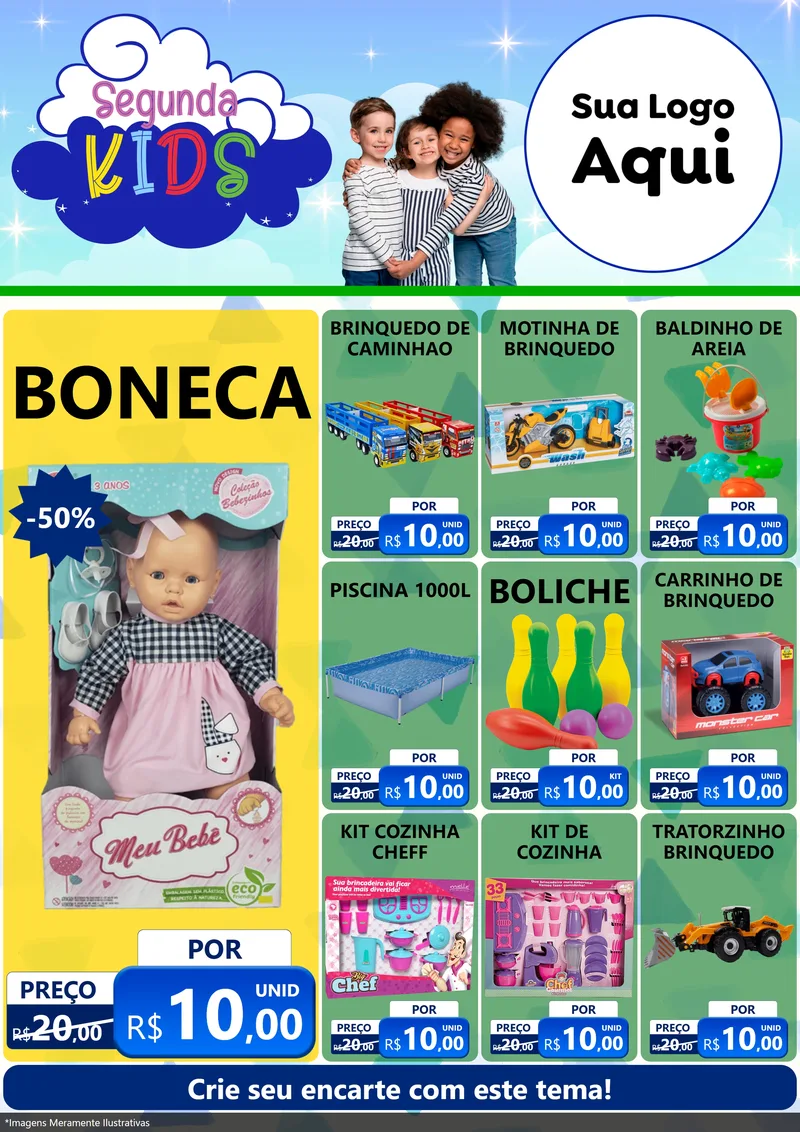 Modelo de Encarte para Encarte A4 Vertical com o tema Segunda Kids para Brinquedos