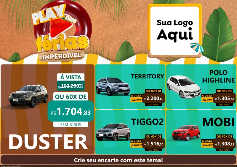 Modelo de Encarte para Encarte A4 Horizontal com o tema Play Nas Férias Imperdível para Concessionaria de Carros