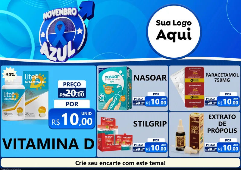 Modelo de Encarte para Encarte A4 Horizontal com o tema Novembro Azul para Farmácia
