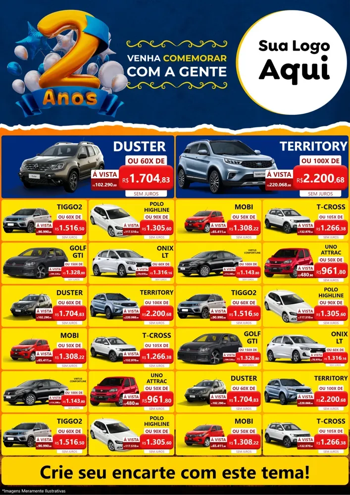 Modelo de Encarte para Encarte A4 Vertical com o tema Aniversário de 2 anos para Concessionaria de Carros
