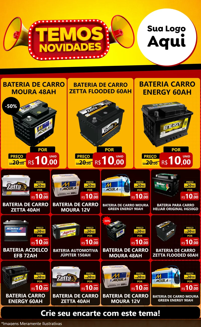 Modelo de Encarte para Encarte Grande com o tema Temos Novidades para Baterias Elétricas