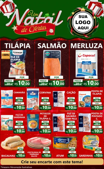 Modelo de Encarte para Encarte Grande com o tema Um Natal de Ofertas para Peixaria