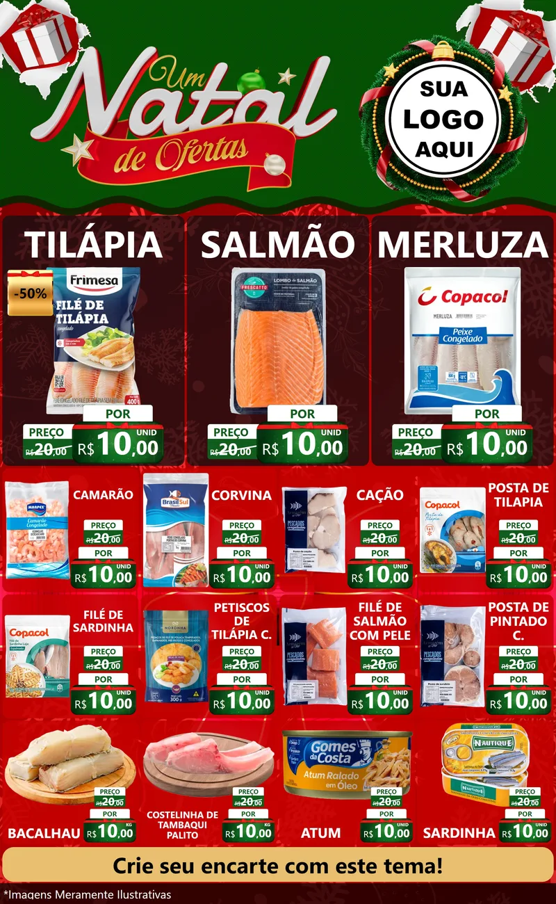 Modelo de Encarte para Encarte Grande com o tema Um Natal de Ofertas para Peixaria