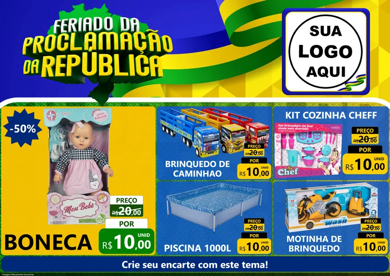Modelo de Encarte para Encarte A4 Horizontal com o tema Feriado da Proclamação da República para Brinquedos
