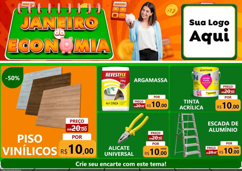 Modelo de Encarte para Encarte A4 Horizontal com o tema Janeiro da Economia para Material para Construção