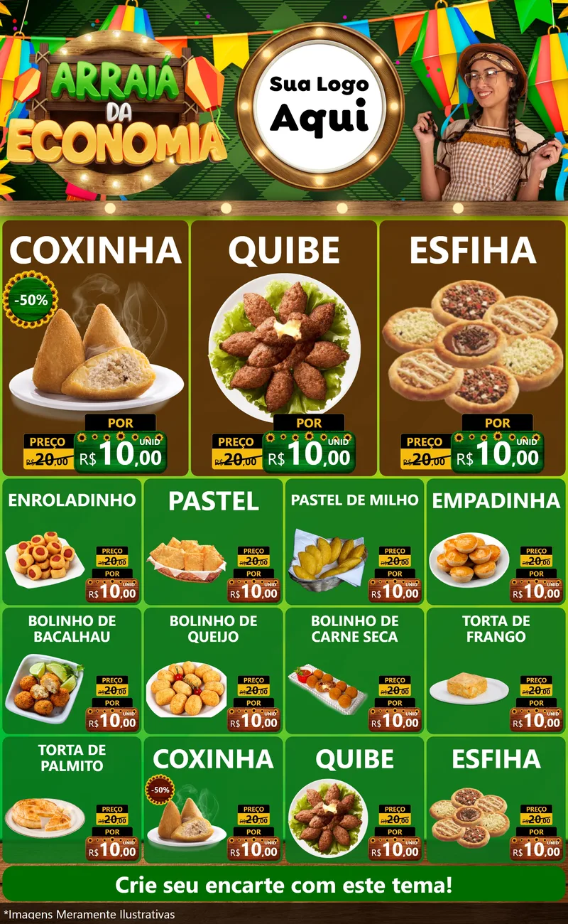 Modelo de Encarte para Encarte Grande com o tema Arraiá de Economia para Salgadaria