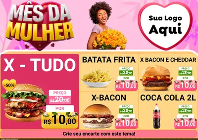 Modelo de Encarte para Encarte A4 Horizontal com o tema Mês da Mulher para Hamburgueria
