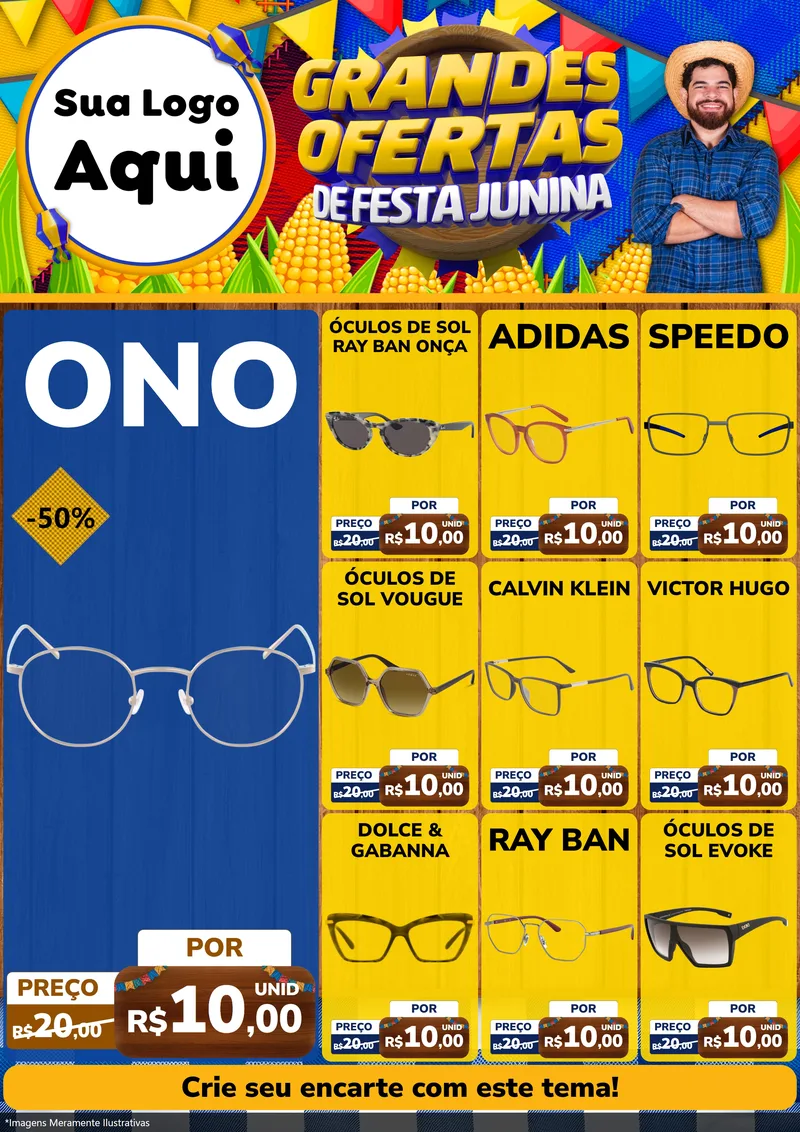 Modelo de Encarte para Encarte A4 Vertical com o tema Grandes Ofertas de Festa Junina para Óticas