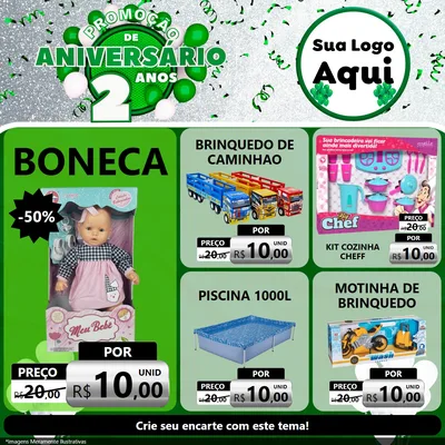 Modelo de Rede Social para Feed Facebook com o tema Promoção de Aniversário - 2 Anos para Brinquedos