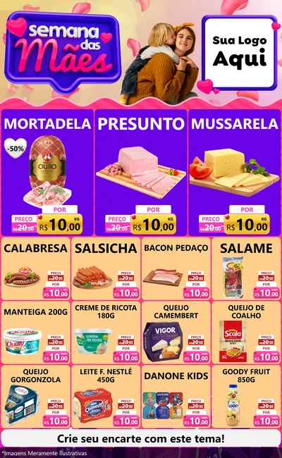 Modelo de Encarte para Encarte Grande com o tema Semana das Mães para Frios e Laticínios