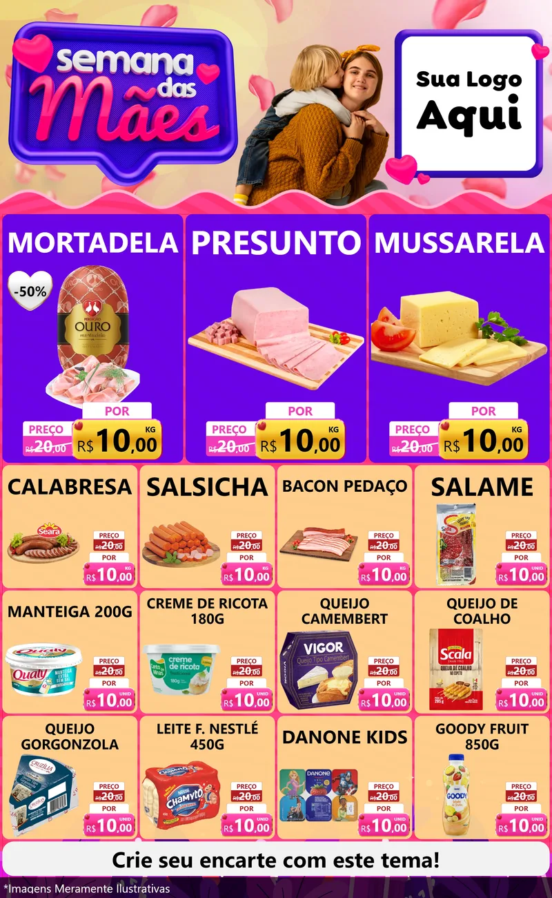 Modelo de Encarte para Encarte Grande com o tema Semana das Mães para Frios e Laticínios