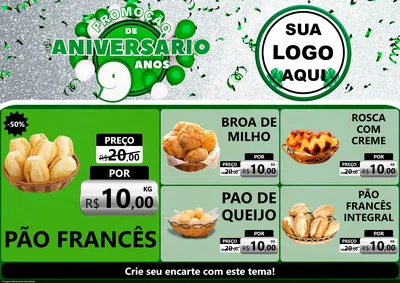 Modelo de Encarte para Encarte A4 Horizontal com o tema Promoção de Aniversário - 9 Anos para Padaria