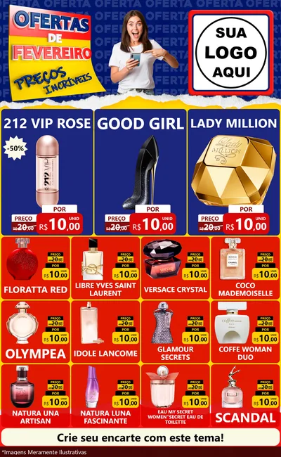 Modelo de Encarte para Encarte Grande com o tema Ofertas de Fevereiro - Preços Incríveis para Perfumes