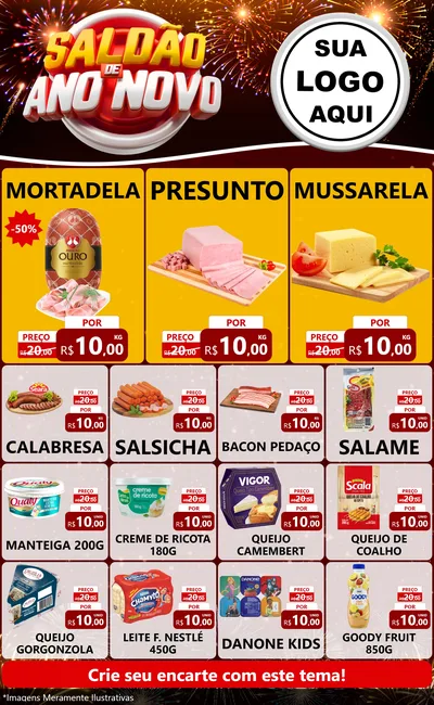 Modelo de Encarte para Encarte Grande com o tema Saldão de Ano Novo para Frios e Laticínios