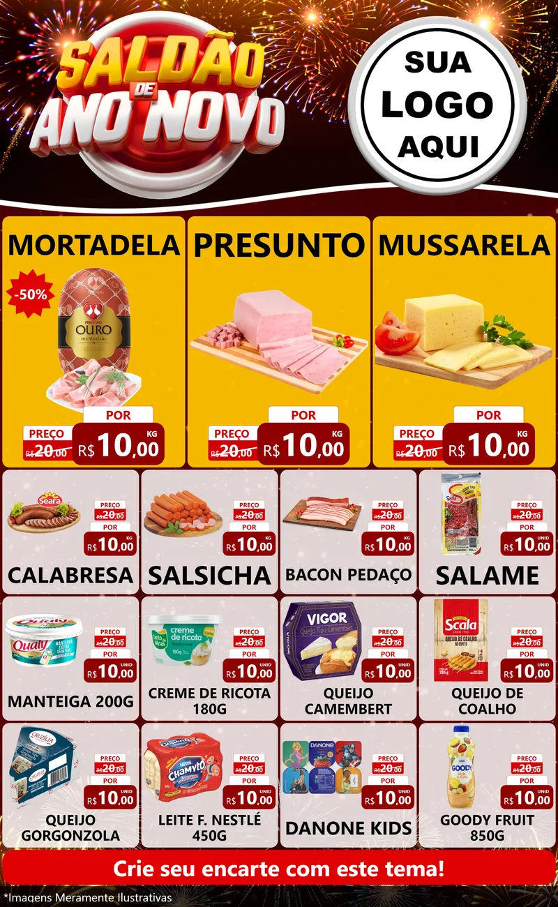 Modelo de Encarte para Encarte Grande com o tema Saldão de Ano Novo para Frios e Laticínios