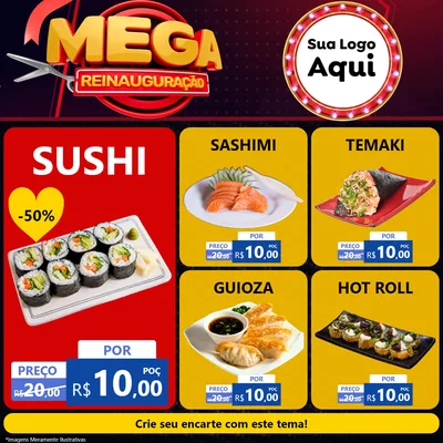 Modelo de Rede Social para Feed Facebook com o tema Mega Reinauguração para Comida japonesa