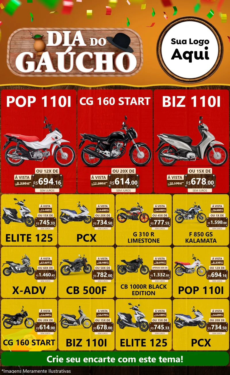 Modelo de Encarte para Encarte Grande com o tema Dia do Gaúcho para Concessionaria de Motos