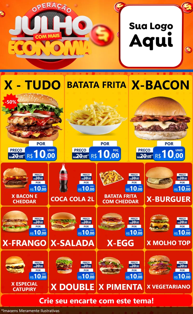 Modelo de Encarte para Encarte Grande com o tema Operação Julho Com Mais Economia para Hamburgueria
