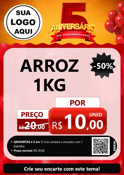 Modelo de Cartaz para Cartaz A4 Vertical com o tema Aniversário do Supermercado - 5 Anos para Supermercado