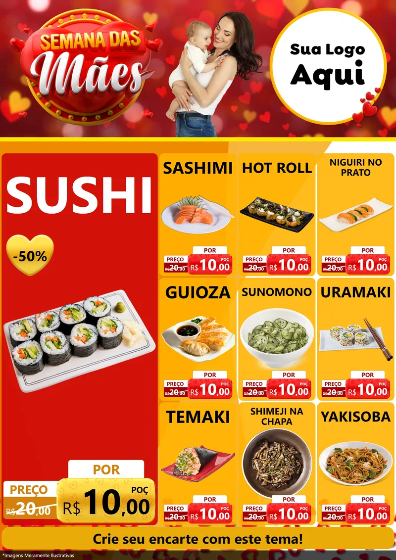 Modelo de Encarte para Encarte A4 Vertical com o tema Semana das Mães para Comida japonesa