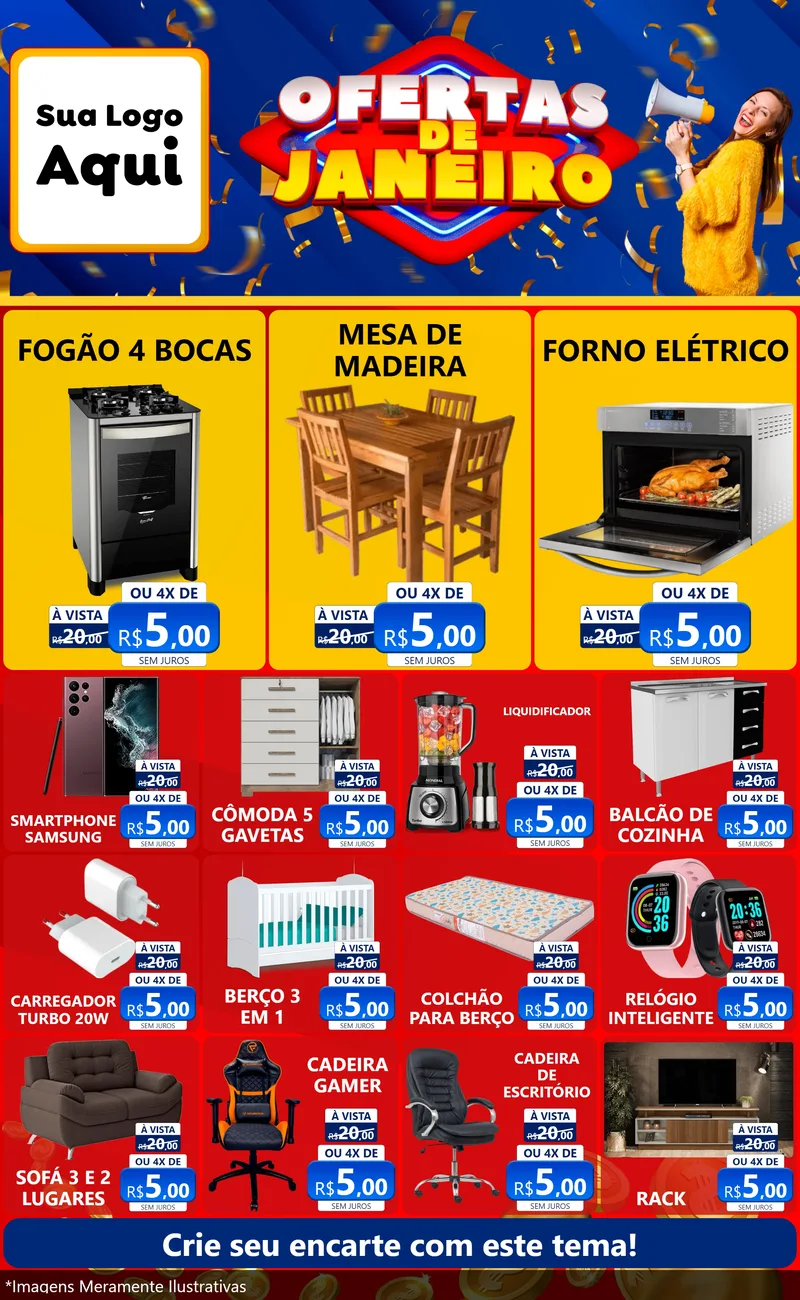 Modelo de Encarte para Encarte Grande com o tema Ofertas de Janeiro para Móveis e Eletro