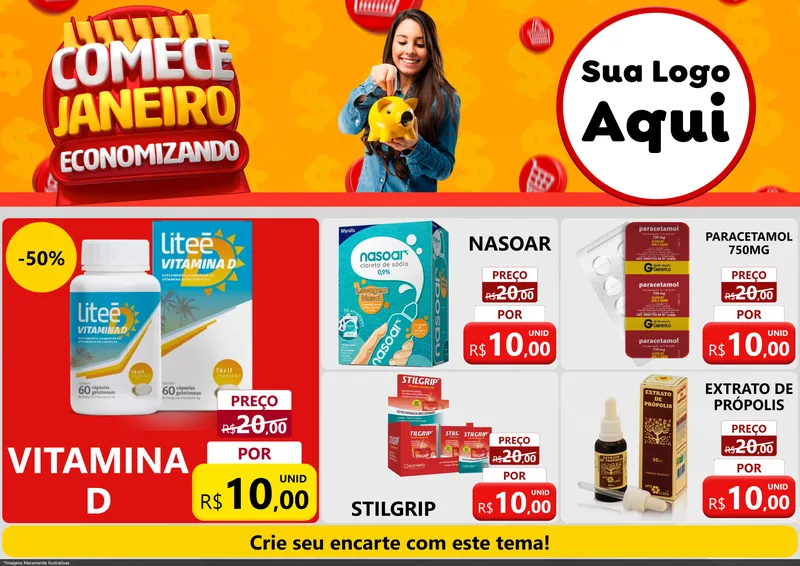 Modelo de Encarte para Encarte A4 Horizontal com o tema Comece Janeiro Economizando para Farmácia