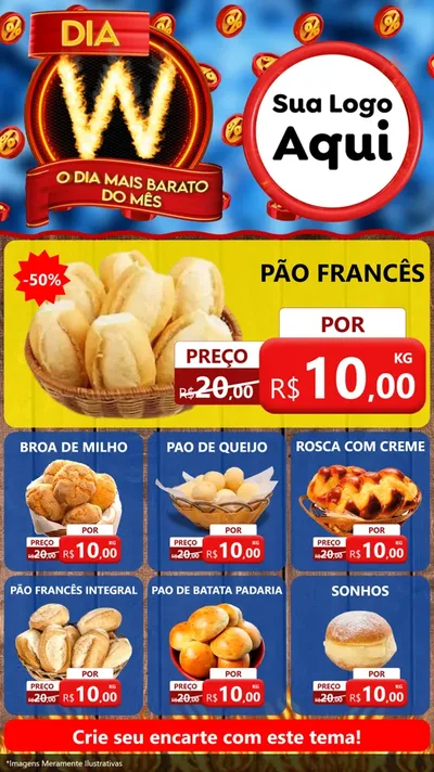 Modelo de Rede Social para Stories com o tema Dia W - O Dia Mais Barato Do Mês para Padaria