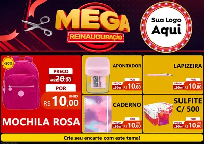 Modelo de Encarte para Encarte A4 Horizontal com o tema Mega Reinauguração para Papelaria