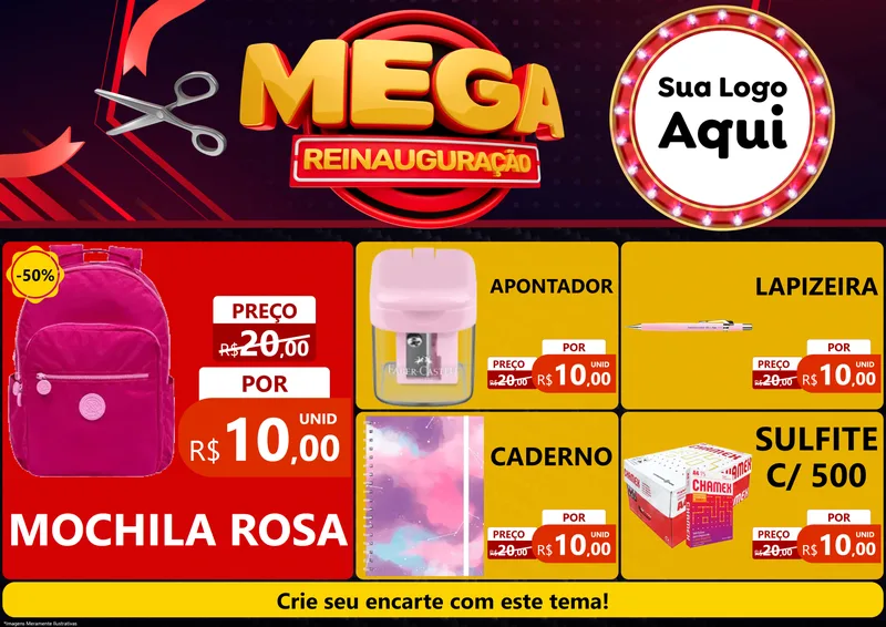 Modelo de Encarte para Encarte A4 Horizontal com o tema Mega Reinauguração para Papelaria