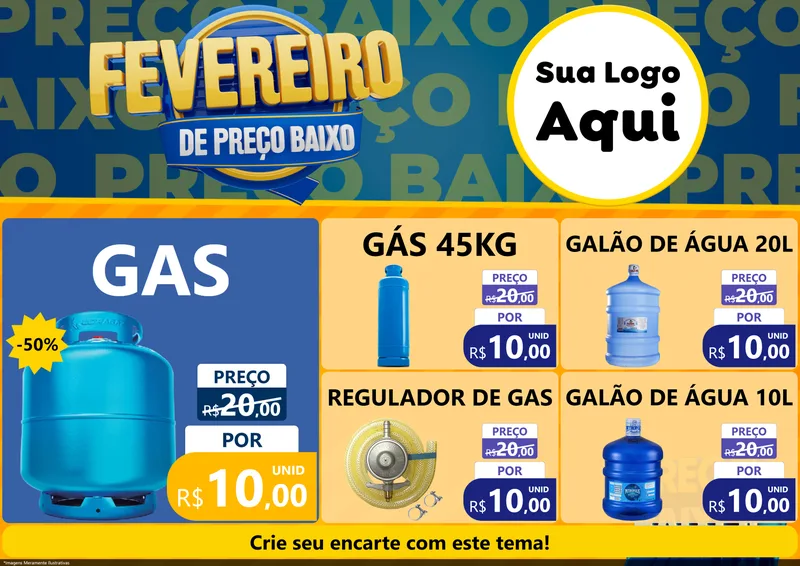 Modelo de Encarte para Encarte A4 Horizontal com o tema Fevereiro de Preço Baixo para Água e gás
