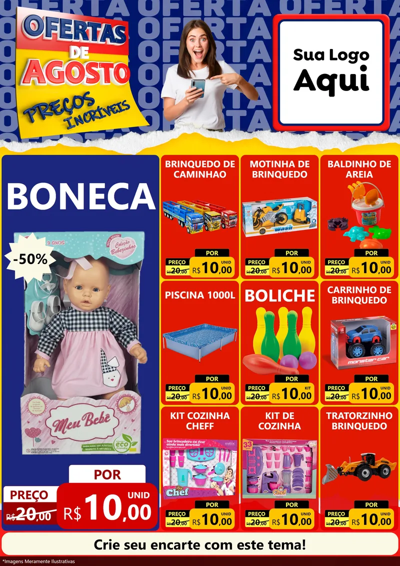 Modelo de Encarte para Encarte A4 Vertical com o tema Ofertas de Agosto - Preços Incríveis para Brinquedos