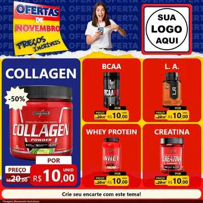 Modelo de Rede Social para Feed Facebook com o tema Ofertas de Novembro - Preços Incríveis para Suplementos alimentares