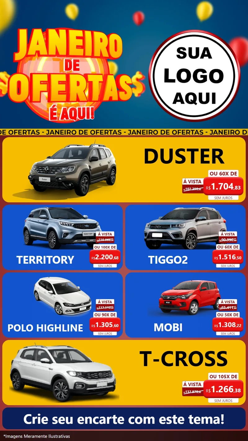 Modelo de TV para TV Vertical com o tema Janeiro de Ofertas É Aqui! para Concessionaria de Carros