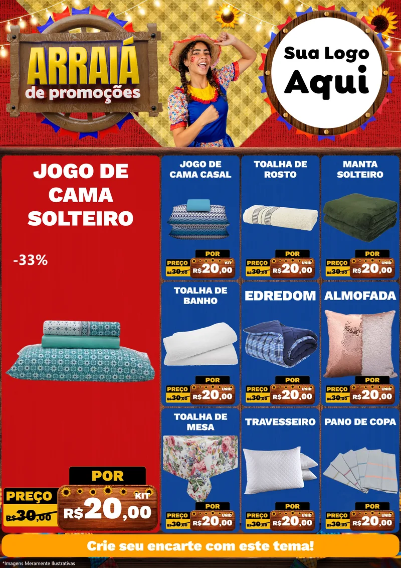 Modelo de Encarte para Encarte A4 Vertical com o tema Arraiá de Promoções para Cama, Mesa e Banho