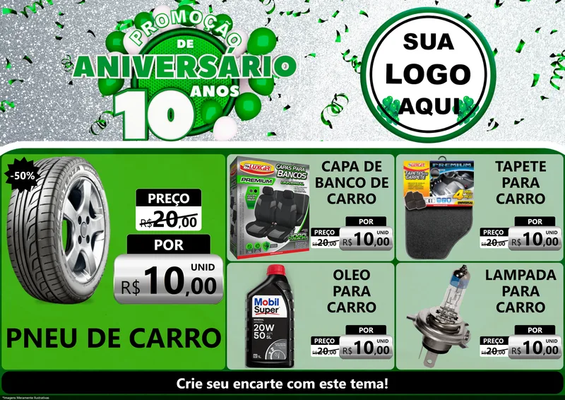 Modelo de Encarte para Encarte A4 Horizontal com o tema Promoção de Aniversário - 10 Anos para Auto peças