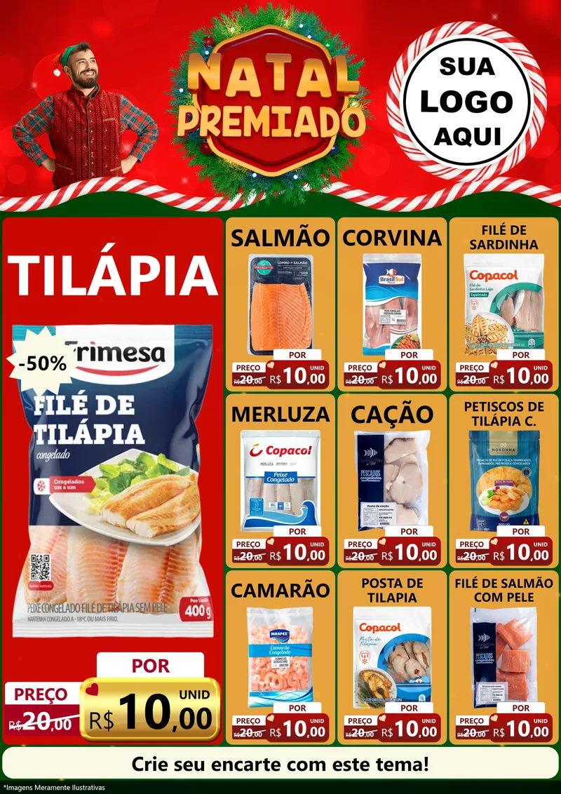 Modelo de Encarte para Encarte A4 Vertical com o tema Natal Premiado para Peixaria